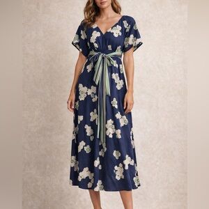 Navy Floral Midi Dress with Belt